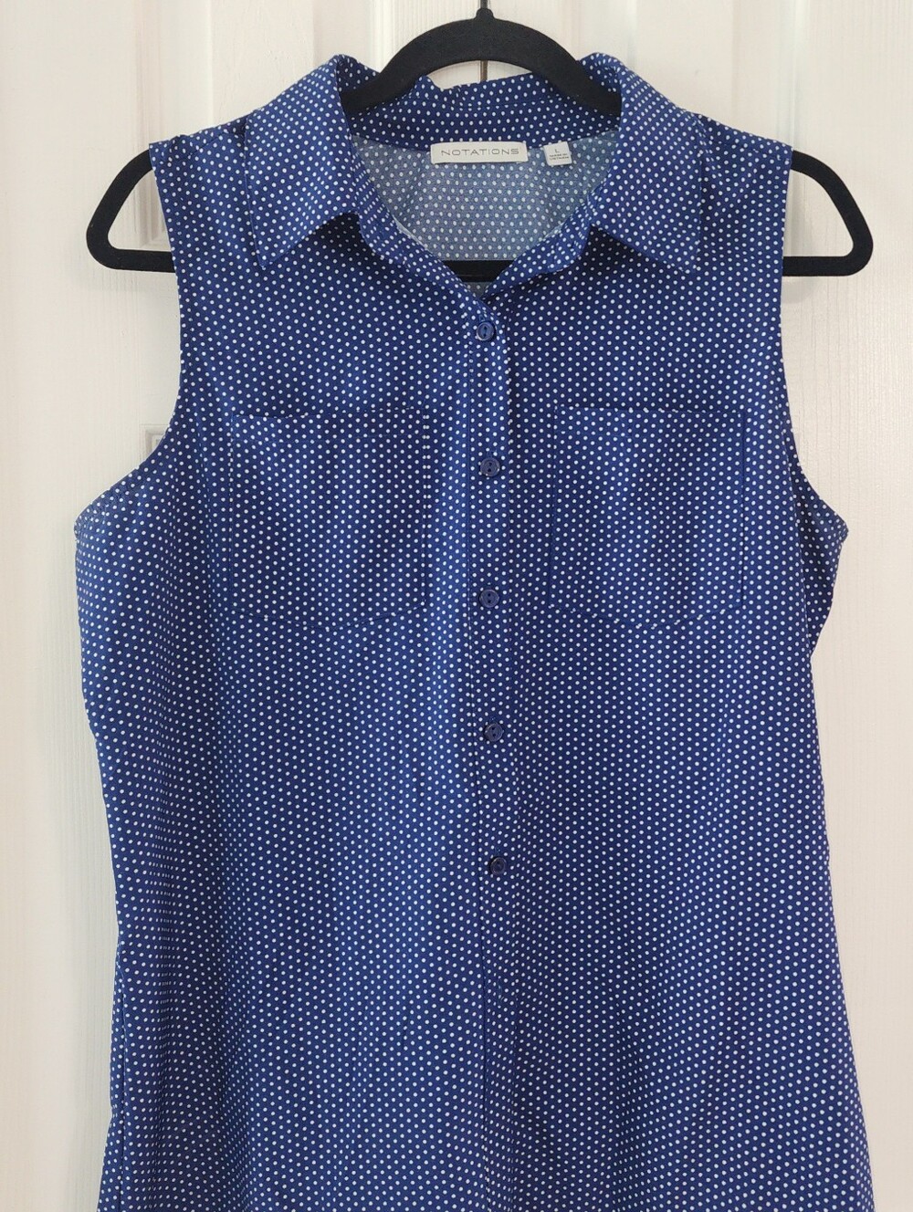 Notations SizeSleeveless Navy Polka Dot Button-Down Shirt - Classic Collared Top